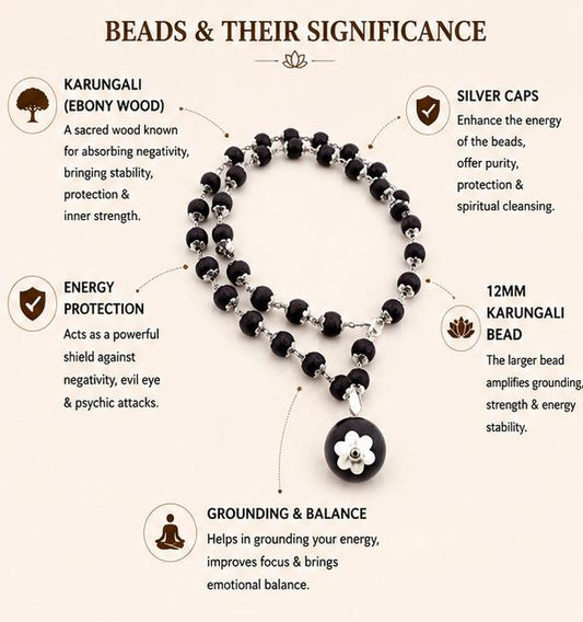 SILVER CAPPED KARUNGALI MALAI WITH 12MM KARUNGALI BEAD