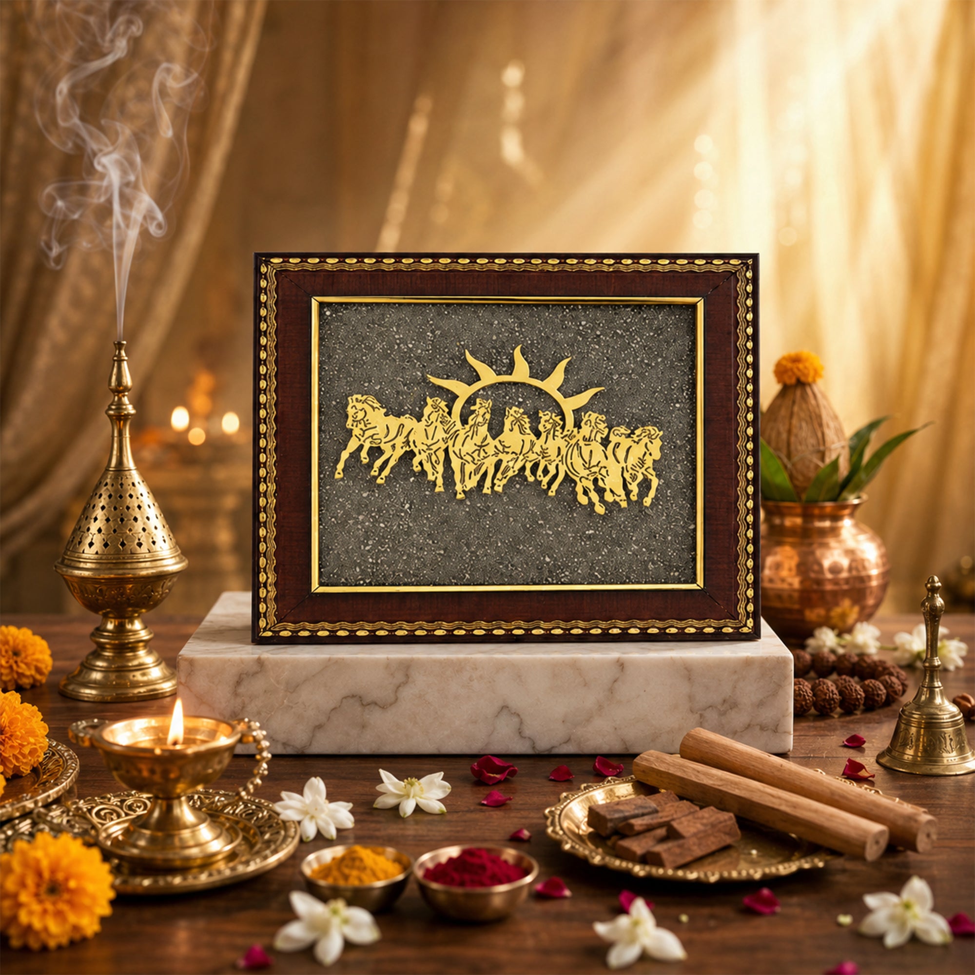 7 Horses on Raw Pyrite Frame