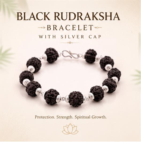 SILVER CAPPED BLACK RUDRAKSHA BRACELET