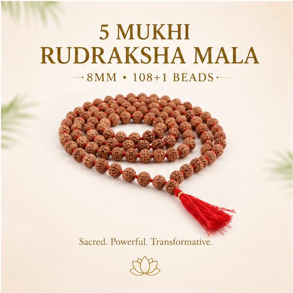 5 MUKHI RUDRAKSHA MALA - 8MM , 108+1 BEADS