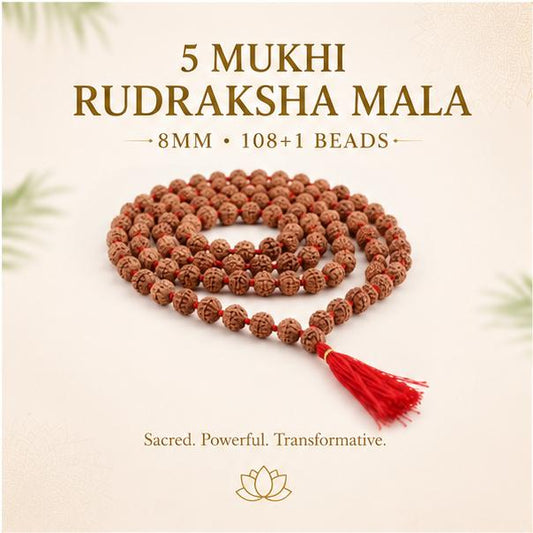 5 MUKHI RUDRAKSHA MALA - 8MM , 108+1 BEADS