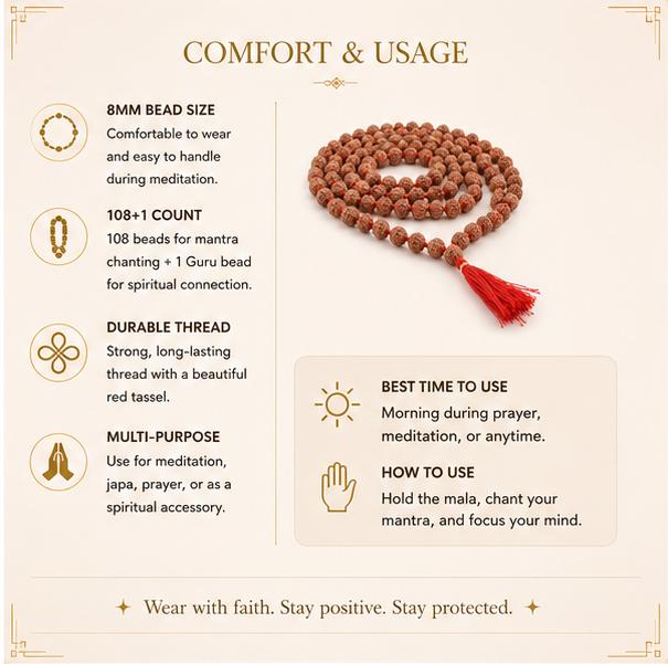 5 MUKHI RUDRAKSHA MALA - 8MM , 108+1 BEADS