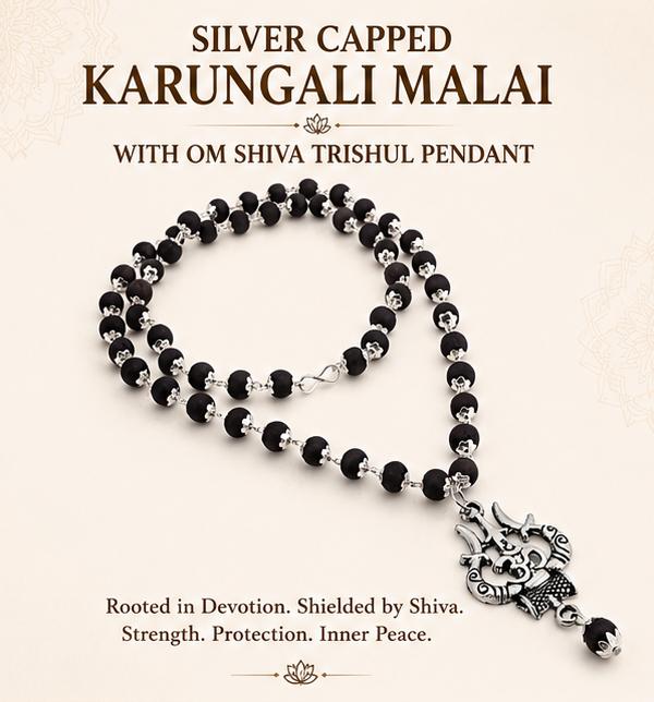SILVER CAPPED KARUNGALI MALAI WITH OM SHIVA TRISHUL PENDANT