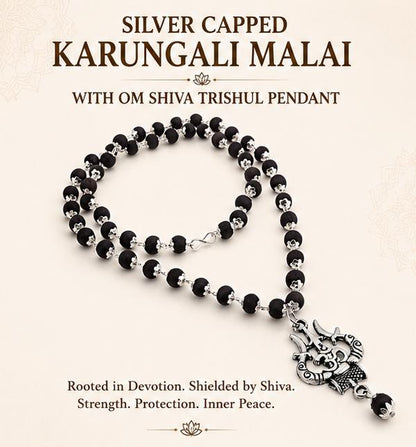 SILVER CAPPED KARUNGALI MALAI WITH OM SHIVA TRISHUL PENDANT