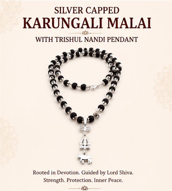SILVER CAPPED KARUNGALI MALAI WITH OM SHIVA TRISHUL PENDANT