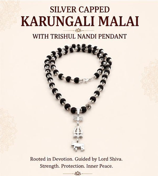 SILVER CAPPED KARUNGALI MALAI WITH TRISHUL NANDI PENDANT