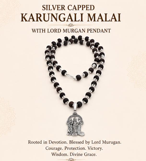 SILVER CAPPED KARUNGALI MALAI WITH LORD MURGAN PENDANT