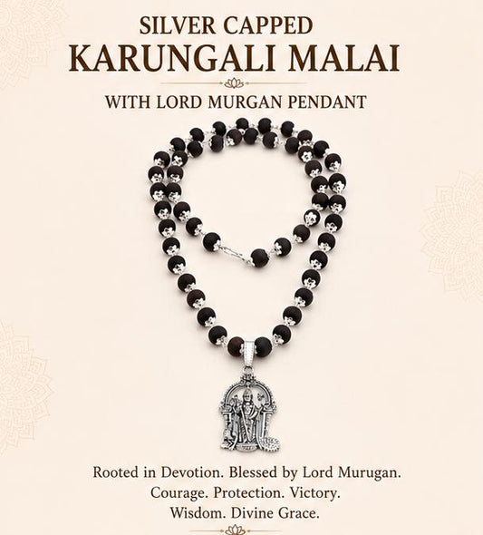 SILVER CAPPED KARUNGALI MALAI WITH LORD MURGAN PENDANT