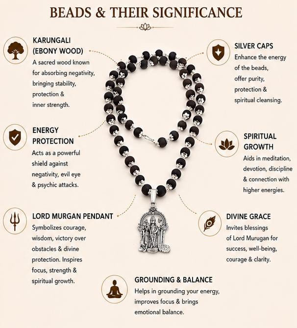 SILVER CAPPED KARUNGALI MALAI WITH LORD MURGAN PENDANT