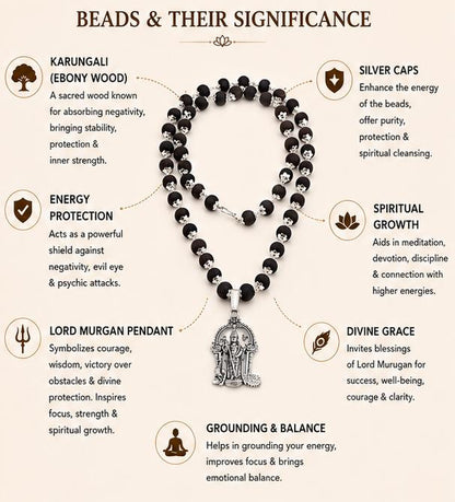 SILVER CAPPED KARUNGALI MALAI WITH LORD MURGAN PENDANT