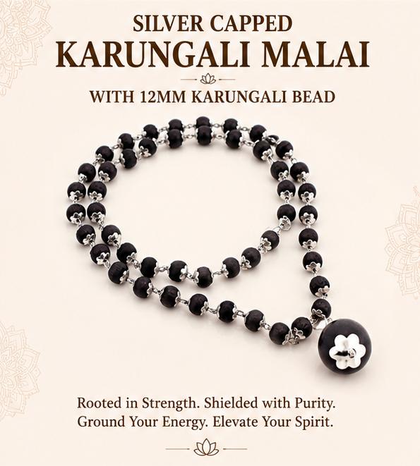 SILVER CAPPED KARUNGALI MALAI WITH 12MM KARUNGALI BEAD