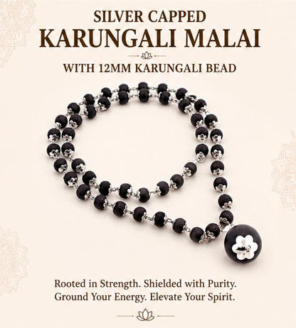 SILVER CAPPED KARUNGALI MALAI WITH 12MM KARUNGALI BEAD
