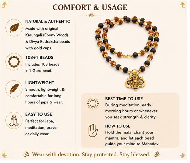 GOLD CAPPED DIVYA RUDRAKSHA KARUNGALI MALAI WITH MAHADEV PENDANT