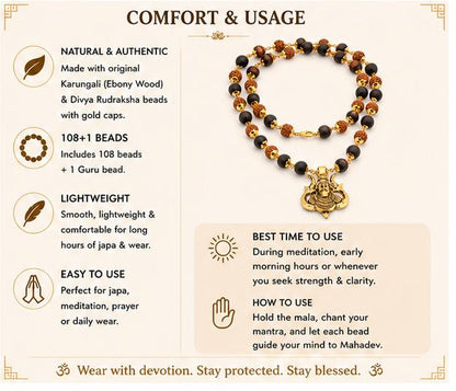 GOLD CAPPED DIVYA RUDRAKSHA KARUNGALI MALAI WITH MAHADEV PENDANT