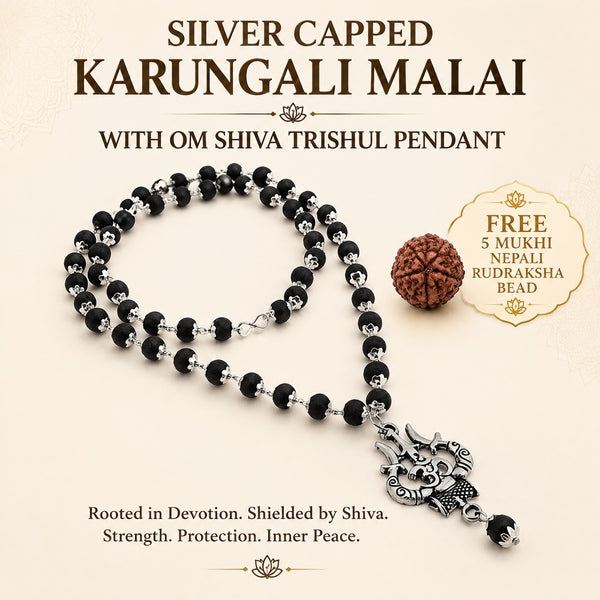 SILVER CAPPED KARUNGALI MALAI WITH OM SHIVA TRISHUL PENDANT